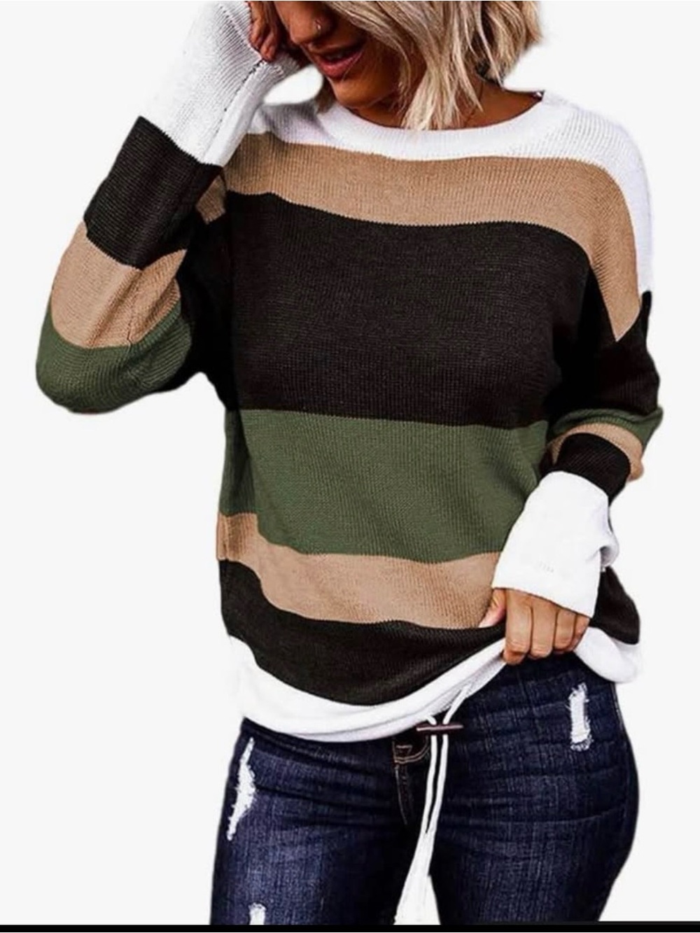 Striped Crewneck Sweater in White, Tan, Olive & Black
